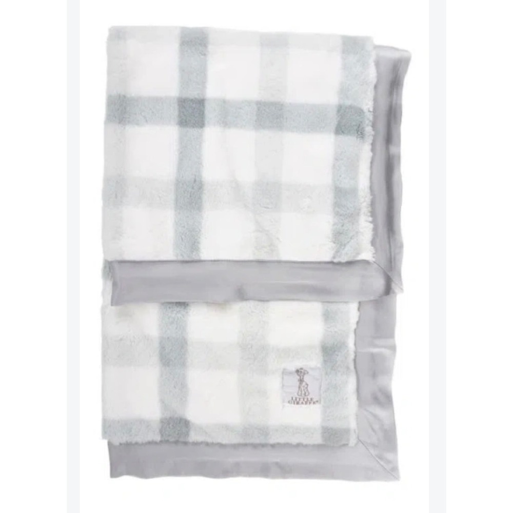 Little Giraffe Luxe Plaid Baby Blanket Silver White Satin Trim Faux Fur NWT